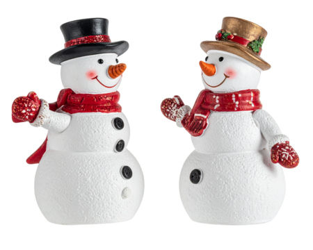 Two snowman figurines arranged together in a playful scene, angled slightly from the 