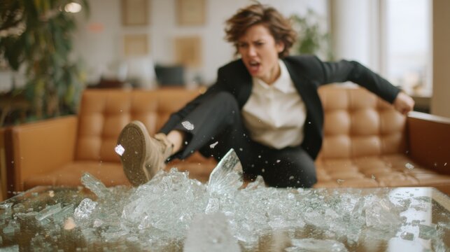 Young woman sitting on a brown leather couch in a living room. she is wearing a black blazer, white shirt, and black pants.