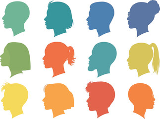 Colorful silhouette faces of diverse people representing community and individuality on white