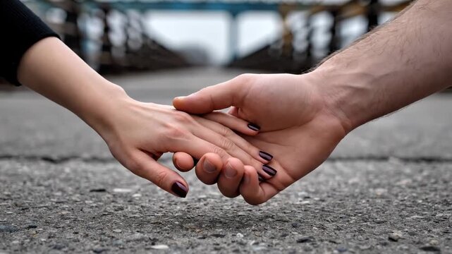 Two hands moving toward each other and clasping over asphalt surface near blurred industrial structure in daylight