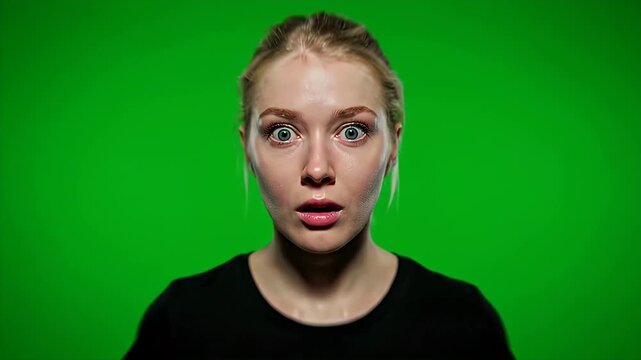 Young Woman Expresses Shock and Surprise on Green Screen.