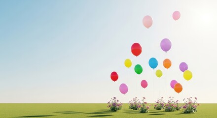 A joyful outdoor event setting filled with colorful balloons, flowers, and glowing sunshine, honoring cherished memories and positive existence, thankful, balloons, arrangement