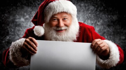 Naklejka premium santa holding blank sign smiling warmly studio backdrop for holiday promotion, close-up portrait with full white beard and red fur-trimmed suit, direct eye