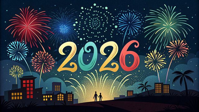 Vibrant 2026 new year s eve fireworks celebration illuminating the night sky over a city skyline - Powered by Adobe