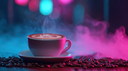 Steaming hot latte art coffee cup with vibrant neon blue and pink smoke in a dark, atmospheric setting with coffee bean foreground