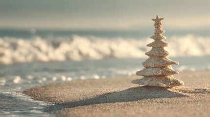 Christmas tree made of sand standing on the beach shore with ocean wave in the background at sunset