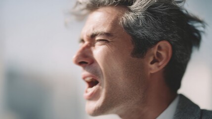 Fototapeta premium Close-up portrait of a man's face. he appears to be in his late twenties or early thirties, with short, dark hair that is styled in a messy yet fashionable manner.