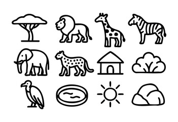 Obraz premium Set of minimalist savannah icons in bold-line style: acacia tree, lion, giraffe, zebra, elephant, cheetah, village hut, bush, vulture, pond, sun, rock.