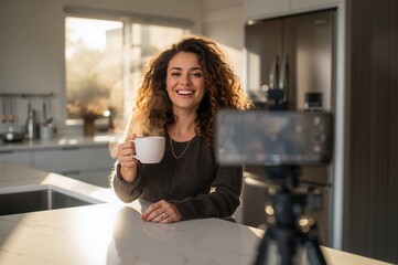 Warm sunlight brightens her cheerful morning routine as she films gently within a sleek kitchen