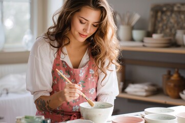 A peaceful artist paints soft floral patterns across a ceramic bowl in warm studio light
