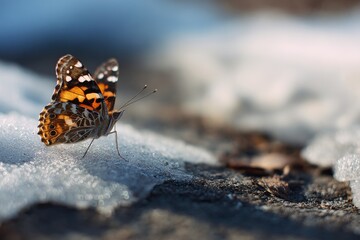Obraz premium Monarch butterfly resting on icy ground outdoors