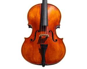 A cello shown from an angled side perspective as if leaning against an invisible stan 