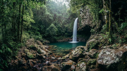 A stunning waterfall pours into a serene blue pool, encircled by a lush green tropical forest with vibrant foliage and rugged moss-covered rocks.