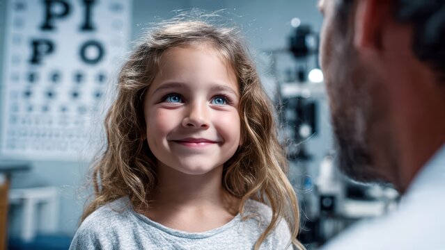 An ophthalmologist checks a patient's vision in front of a medical office