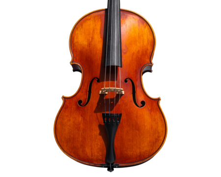 A cello shown from an angled side perspective as if leaning against an invisible stan