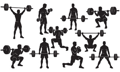 Full Set of Strength Training and Weightlifting Exercise Silhouettes