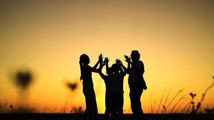 Family unity. Parents mom dad child hold hands. Family team parents children raise hands join palms...