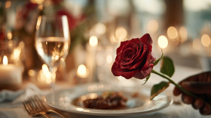 Offering a single red rose at a romantic dinner setting filled with candles