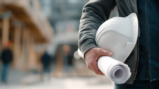 A construction worker holds architectural blueprints and a safety helmet, standing in a partially completed building environment.