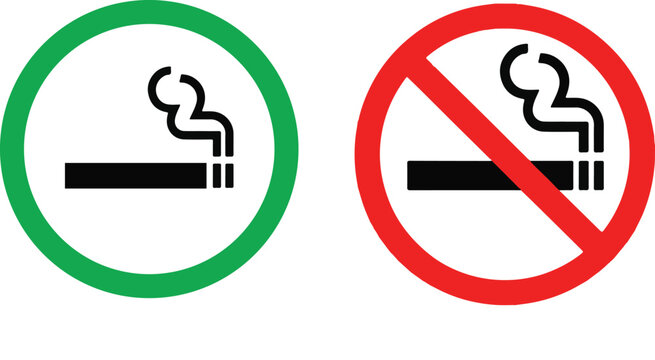 No smoking and smoking area sign set. No smoking area and smoking area sign printable red, green, black colour. No vaping combined sign. No smoking symbol.