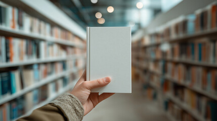 Blank book mockup held in library aisle