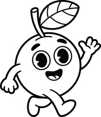 Obraz premium Happy orange fruit character in coloring book style with bold icon design, simple line art on transparent background