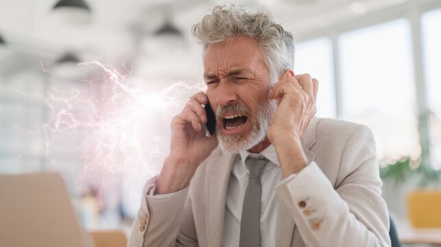 Elderly man with grey hair and a beard, wearing a beige suit and tie. he is holding a mobile phone to his ear and appears to be in distress. - Powered by Adobe