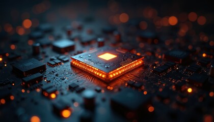 Illuminated cpu microchip on motherboard in close up view. Central processing unit reflects glow. Future tech hardware abstract in circuit board shows technology innovation progress. AI concept shown.