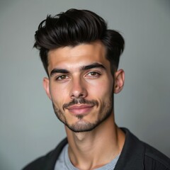 Fototapeta premium Young attractive handsome man shows modern stylish short haircut. Dark brown hair, well groomed beard. Guy looks directly at camera with slight pleasant smile. Male model projects trendy confident