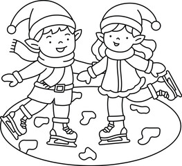 Two cute christmas elves wearing hats and scarves ice skating together on a frozen pond coloring page
