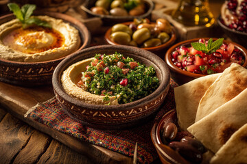 The serene scene of Middle Eastern mezze spread, featuring hummus, tabbouleh, olives, and warm pita bread on a rustic table.