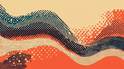 A vibrant abstract design featuring wavy patterns and polka dots in shades of orange, blue, and cream on a textured background.