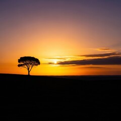 Tranquil twilight silhouette against a vibrant golden hour sky. Serene nature landscape offering stunning views of the peaceful horizon, twilight sky, shadow, evening
