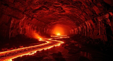 Fiery River of Molten Lava Flowing Through a Cave.