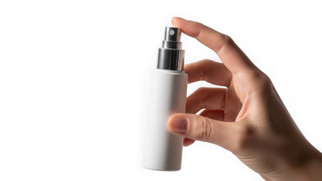 Hand holding small white cosmetic spray bottle isolated on transparent background