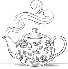 Elegant floral teapot with steam in vector outline style for tea or cafe theme