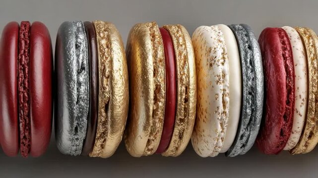 Colors of macarons lined up, showcasing different designs and textures in a simple arrangement