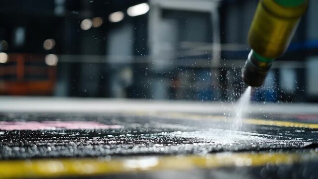 Waterbased protective layer being sprayed onto a metal sheet highlighting environmentallysafe waterproofing methods in a modern industrial workspace.