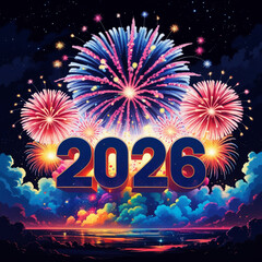 Spectacular fireworks display illuminates the night sky celebrating the year 2026 with vibrant colors and reflections