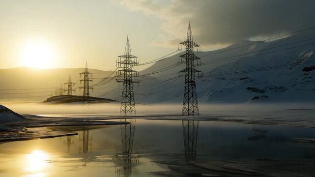 Winter Mountain Valley with Electricity Pylons and Frosty Terrain