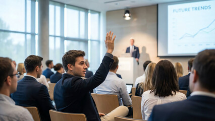 Engaged young professional man raising hand to ask question during a business conference or seminar in a modern lecture hall with a blurred speaker.