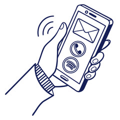 Hand holding phone line icon. Communication, call, send a message, smartphone, device, personal, user, internet connection. Technology concept. Vector line icon for Business and Advertising