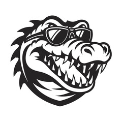 A formidable alligator head wearing sunglasses shows its sharp teeth in black and white