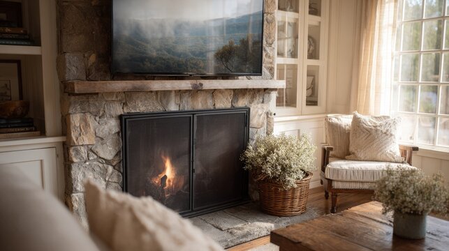 Cozy living room with a fireplace. the fireplace is made of stone and has a flat-screen tv mounted above it. the tv is turned on and the screen is displaying a landscape of mountains and trees.