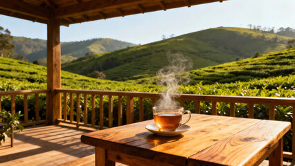 Steaming hot tea in a clear glass cup on a wooden table on an outdoor balcony overlooking lush green tea plantations on a sunny morning.