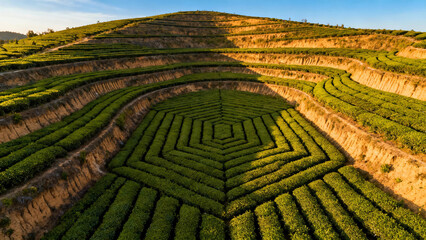 Golden hour aerial view of neatly cultivated vibrant green terraced tea plantations featuring a striking geometric pattern on a sunlit hillside, showcasing agricultural beauty. 