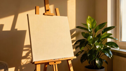 Empty canvas on wooden easel in warm golden hour sunlight with striking window shadows, ready for art and creative inspiration at home.