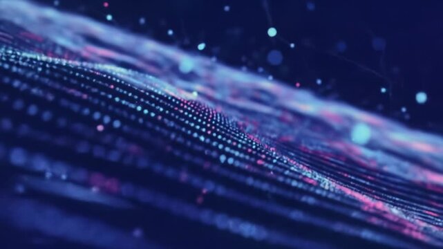 Luminous wave of glowing particles with bioluminescent lighting against deep sapphire blue & cosmic purple neon background. Futuristic data visualization concept