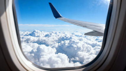 Serene aerial view from an airplane window featuring a wing against bright blue sky and vast white fluffy clouds, symbolizing travel and freedom.