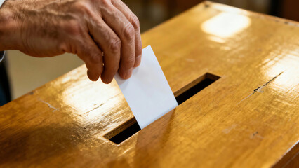 Senior person's hand casting a white paper ballot into a weathered wooden election ballot box, emphasizing civic duty and democratic process.